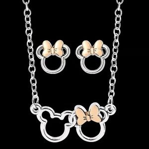 Sterling Silver Mickey Minnie Necklace Earrings Matching Set